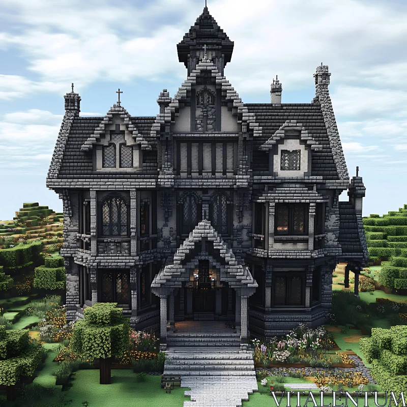 Intricate Gothic Mansion in a Landscape AI Image