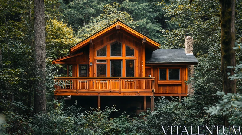 Serene Wooden Cabin in Forest Setting AI Image