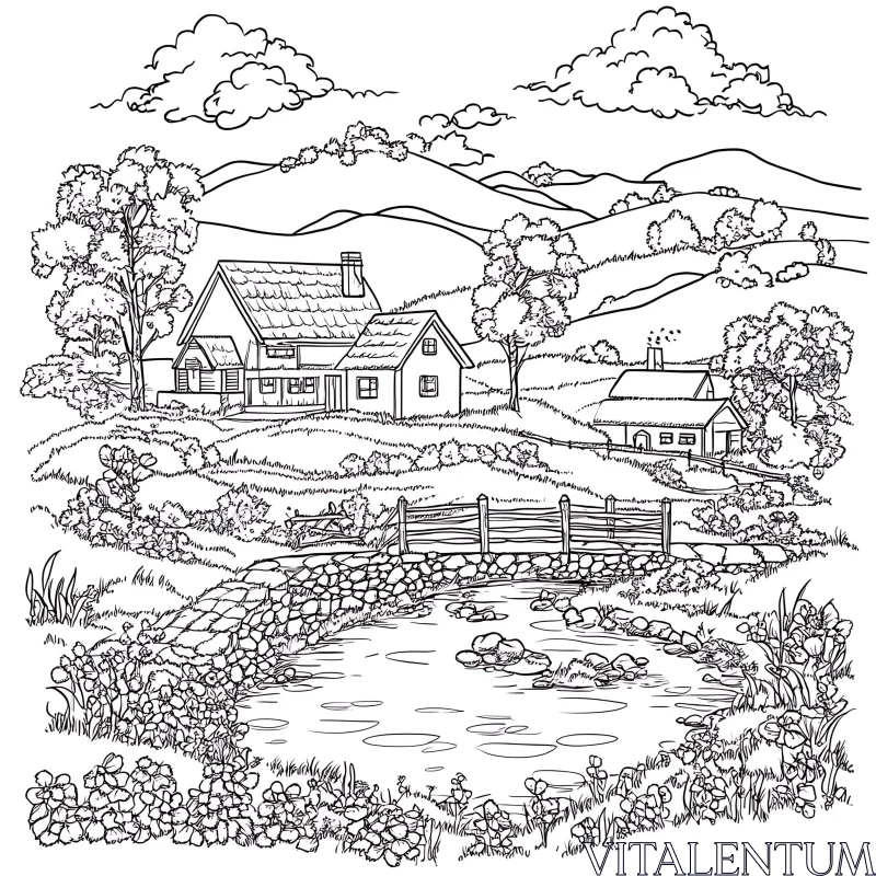 Peaceful Rural Landscape with Cottages and Stone Bridge AI Image