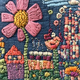 Colorful Embroidered Artwork with Flower Focal Point