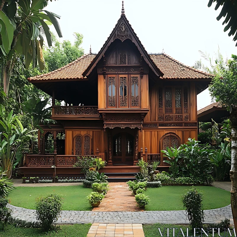 Ornate Wooden House with Lush Greenery AI Image