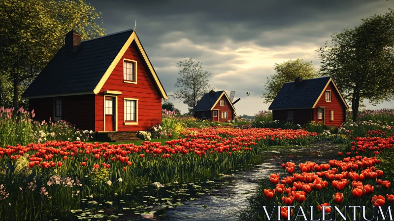 Red Houses in Tulip-Filled Landscape AI Image