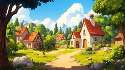 Charming Village Scenery with Sunlit Cottages