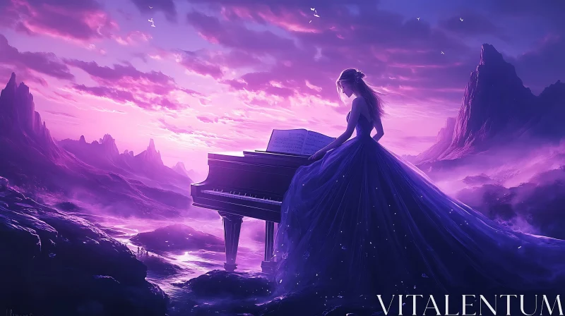 AI ART Mysterious Purple Mountains and Pianist