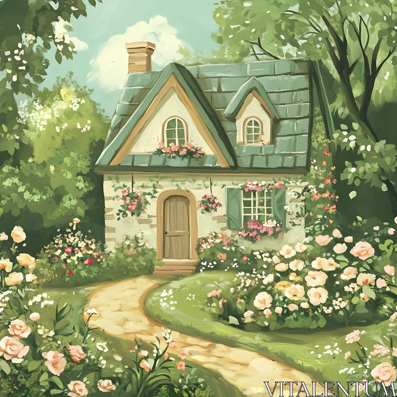 Fairytale Cottage with Lush Garden AI Image