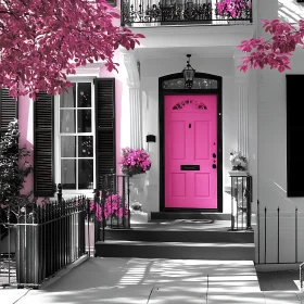 House with Pink Door and Iron Railings