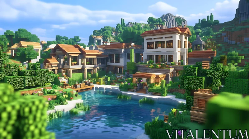 Scenic Minecraft Village Lakeside AI Image