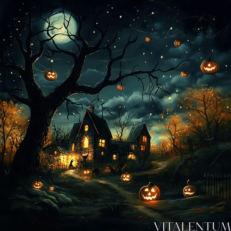 AI ART Spooky Halloween Night with Haunted House