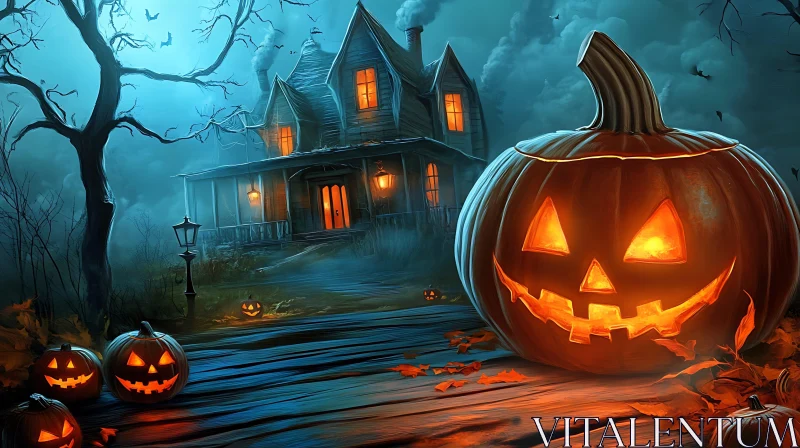 Haunted House and Jack-o'-lanterns Halloween Scene AI Image