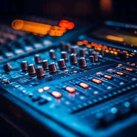 Close-Up View of a Technical Audio Mixer in Blue Lighting