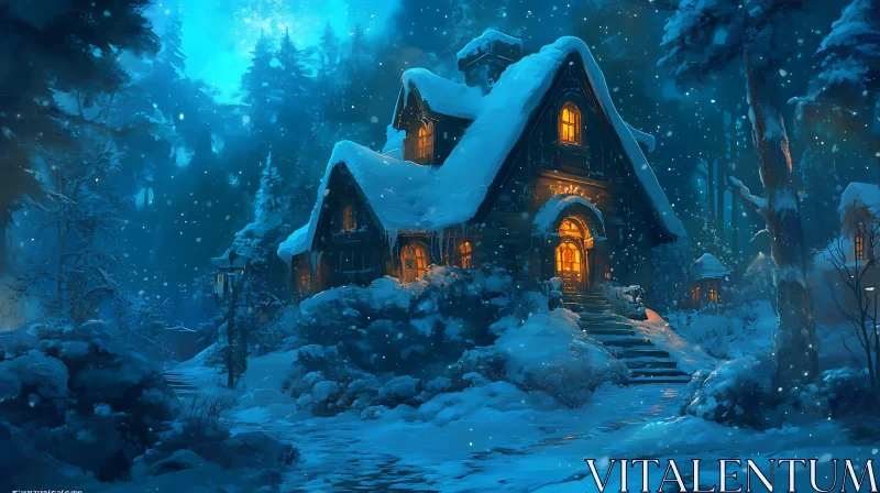 Cozy Cottage Amid Winter Night AI Image