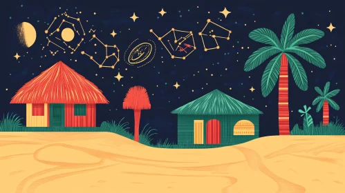 Starry Night Scenery with Thatched Huts