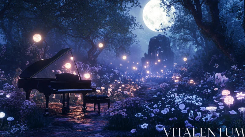 Moonlit Enchanted Forest with Piano and Glowing Orbs AI Image