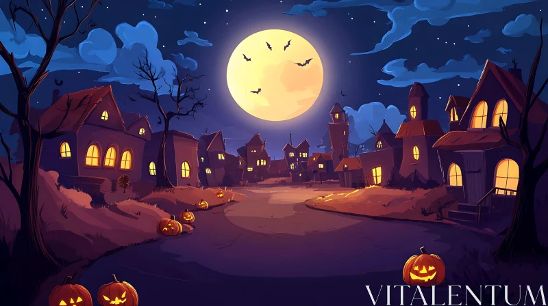 Eerie Halloween Village Under Full Moon AI Image