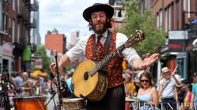 Street Performer with Banjo Engages Crowd AI Image