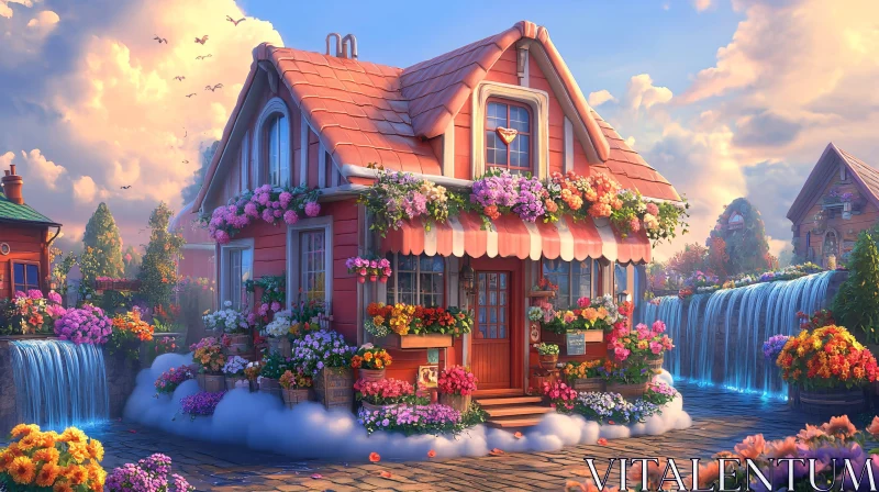 AI ART Idyllic Flower-adorned Cottage with Cascading Waterfalls