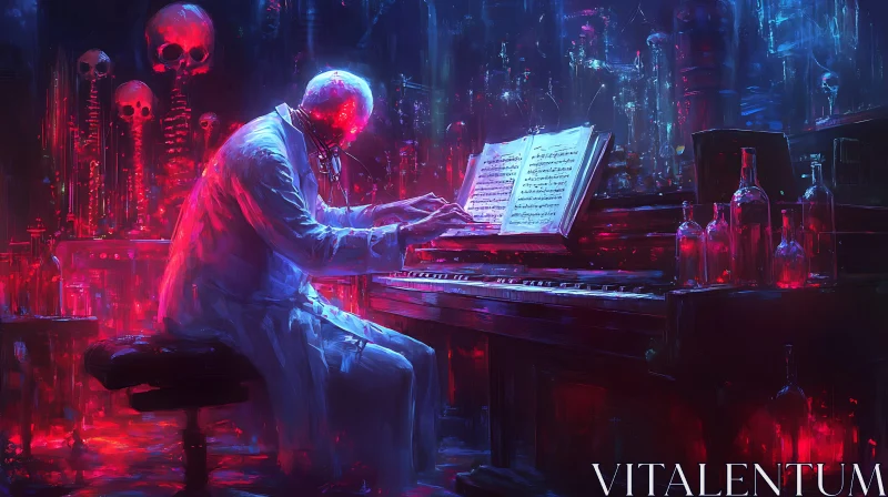 AI ART Eerie Laboratory Pianist Surrounded by Skulls in Neon Light