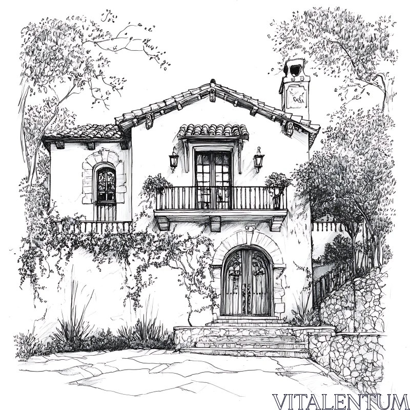 Detailed Pen Sketch of a Charming House AI Image