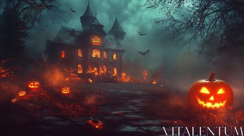 Spooky Haunted House with Jack-o'-Lanterns AI Image