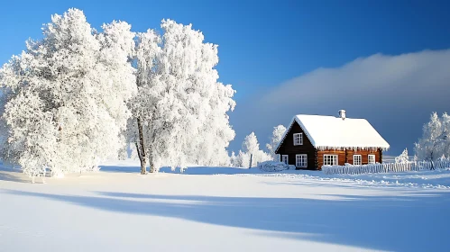 Winter Cabin by Frosted Trees Under Blue Sky