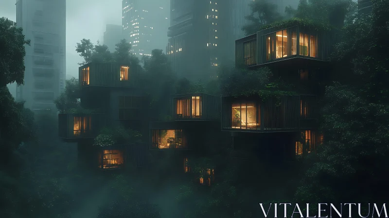 AI ART Misty Urban Jungle: Modern Homes in Dense Forest