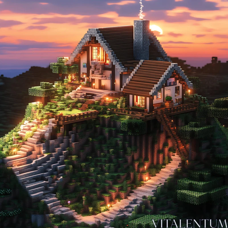 Idyllic Minecraft Hilltop Cottage at Sunset AI Image