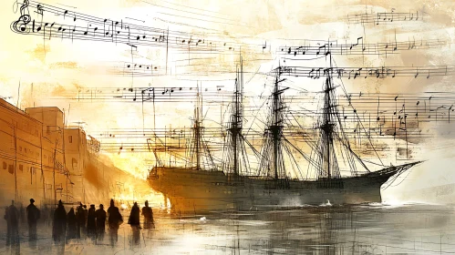 Surreal Harbor Scene with Ship and Floating Musical Notes