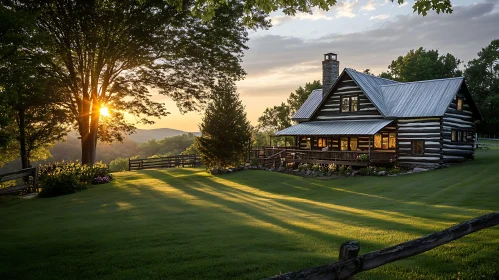 Sunset Over Rustic Cabin