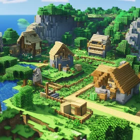 Pixel Art Village with Wooden and Stone Buildings