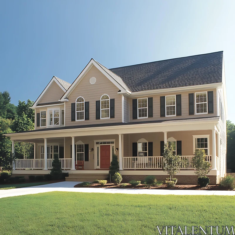 Elegant Colonial Home with Symmetrical Windows and Light Beige Facade AI Image