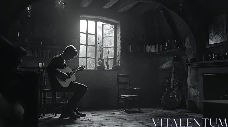 Acoustic Guitarist in Dimly-Lit Cozy Room AI Image