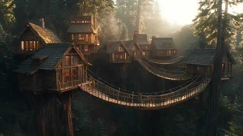 Wooden Treehouses Connected by Rope Bridges