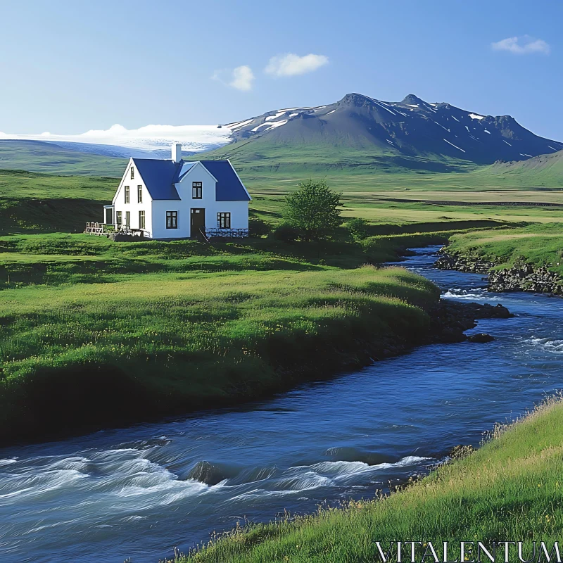 Idyllic Rural House in Green Fields by a Stream and Mountains AI Image