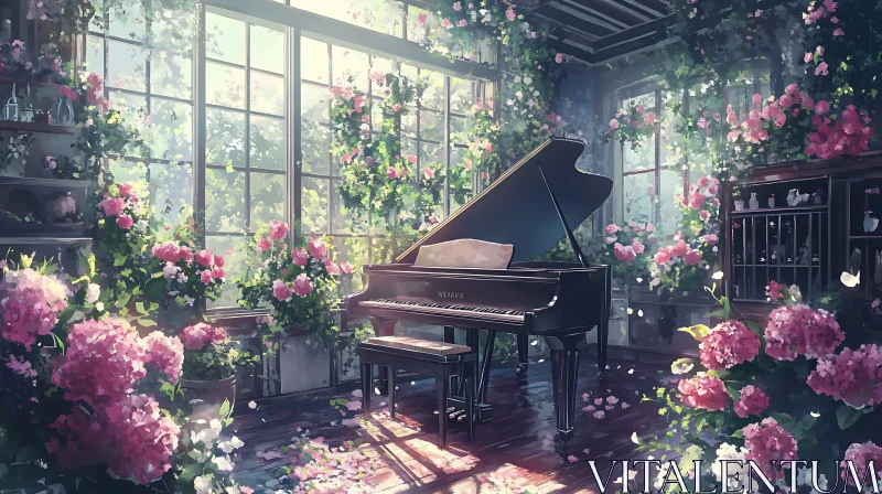 Grand Piano in Lush Floral Interior AI Image