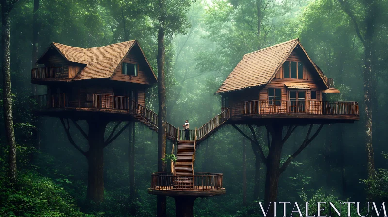 Rustic Treehouses Connected by a Wooden Bridge AI Image