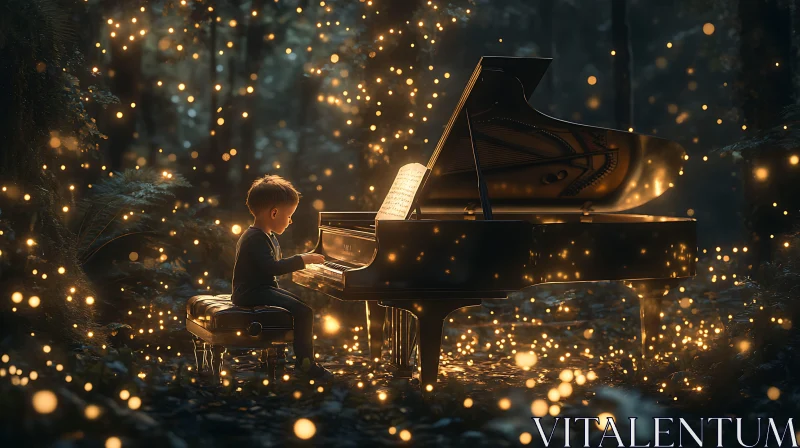 Magical Nighttime Piano Recital in the Forest AI Image