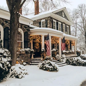 Holiday-Decorated Snowy Stone House with Flags