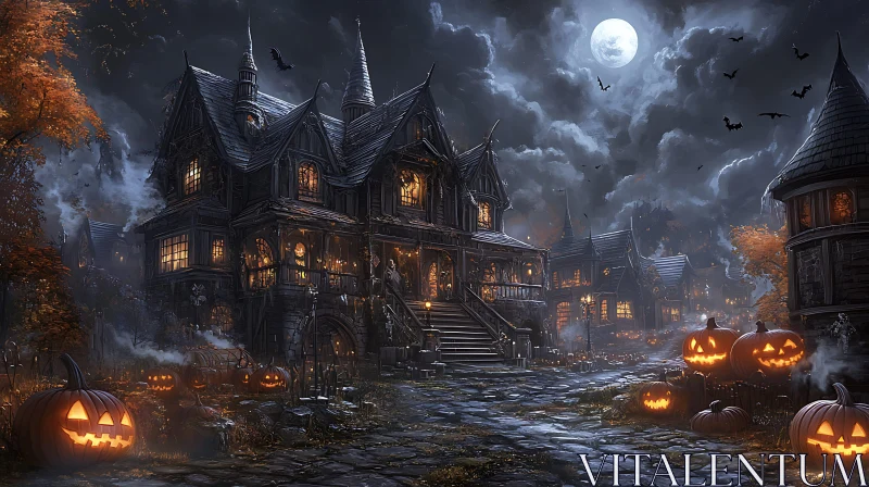 Spooky Halloween Haunted House Scene AI Image