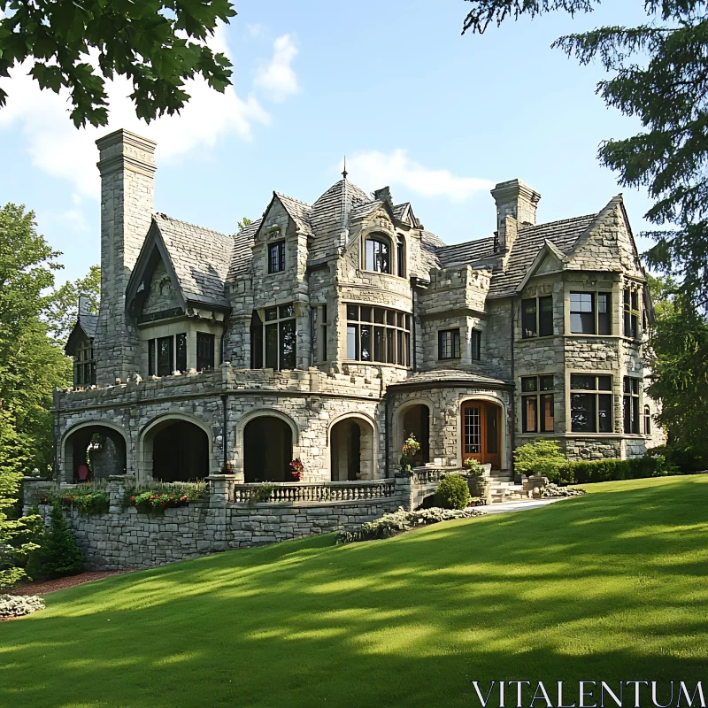 Grand Estate with Impressive Stone Architecture AI Image