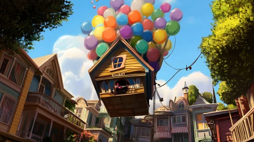 Floating House with Balloons in a Fantasy City