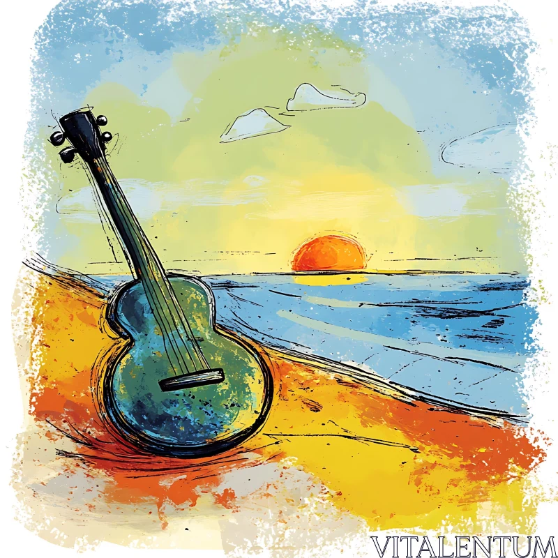 Serene Beach Sunset with Guitar Artwork AI Image