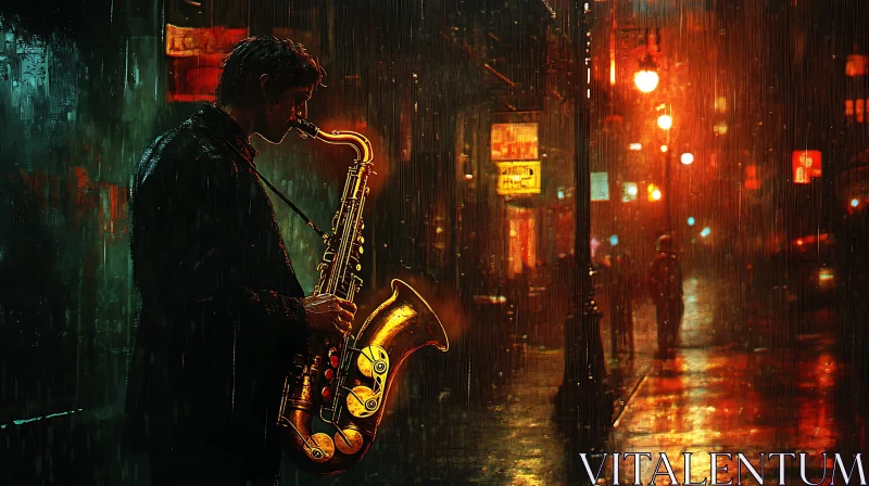 Musician in Rainy Nightscape AI Image