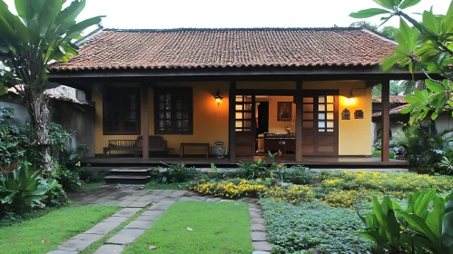 Traditional Home with Tiled Roof and Vibrant Garden