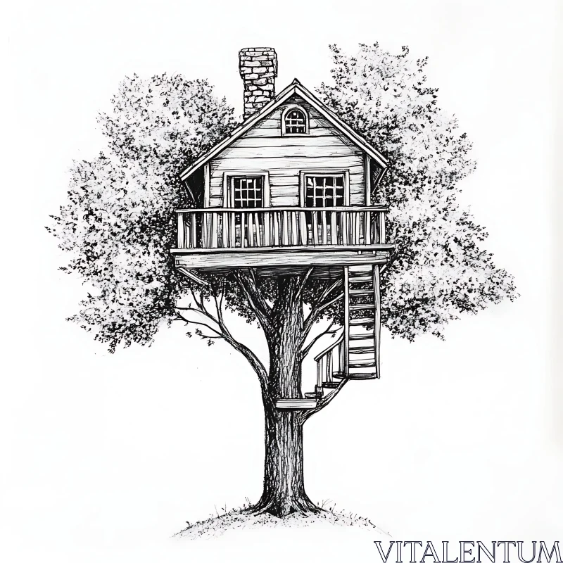 Intricate Treehouse Design in Black-and-White Illustration AI Image