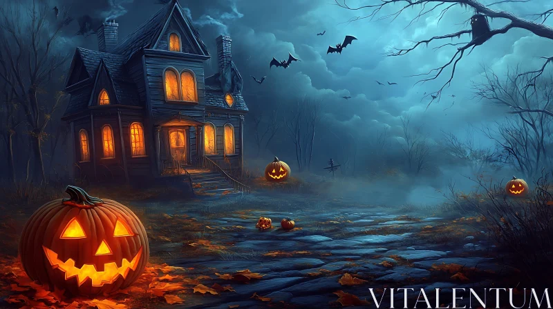 Spooky Haunted House with Glowing Pumpkins AI Image