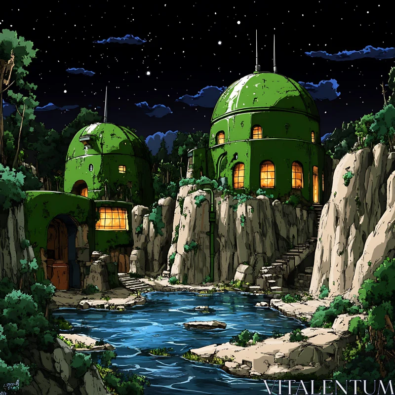 Starry Night with Green Domed Buildings AI Image