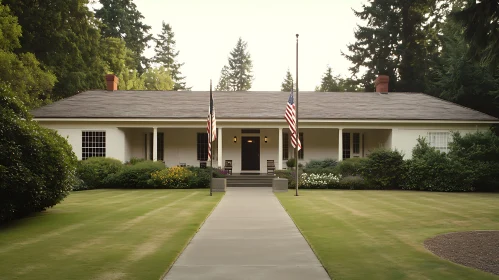 Elegant Single-Story Home with Manicured Lawn and Flags