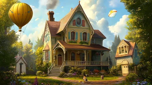 Whimsical Cottage with Garden and Balloon