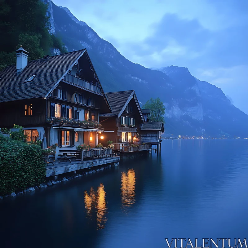 Serene Evening by the Lake with Mountain Background AI Image