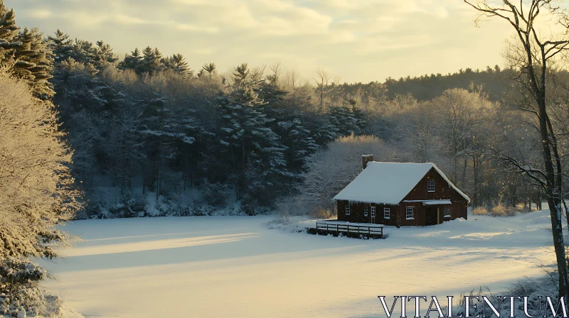 Tranquil Snowy Cabin in Forest AI Image